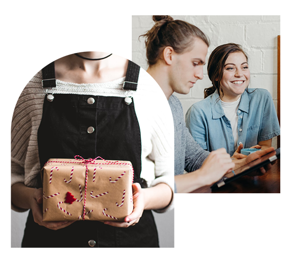 Tv&aring; bilder: den f&ouml;rsta visar en person som h&aring;ller i en present; den andra visar en leende kvinna bredvid en man som tittar ner p&aring; sin mobil.